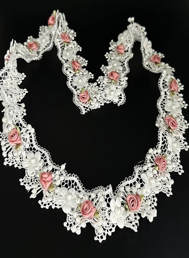 URIMPAVIDO 1 Yard Vintage White Pearl Beads Flowers Lace Trim Ribbon Floral Appliques Embroidered Lace Fabric for Wedding Bridal Dress Clothes Costume Hat Decoration DIY Handmade Sewing Crafts (White, 1 Yard) - Image 5