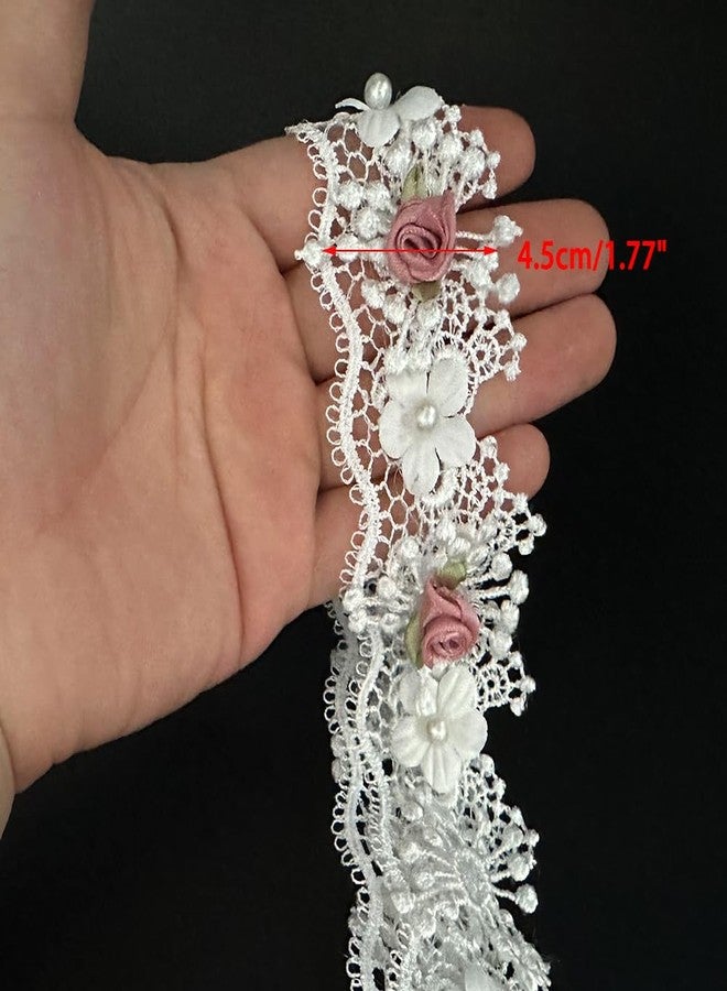 URIMPAVIDO 1 Yard Vintage White Pearl Beads Flowers Lace Trim Ribbon Floral Appliques Embroidered Lace Fabric for Wedding Bridal Dress Clothes Costume Hat Decoration DIY Handmade Sewing Crafts (White, 1 Yard) - Image 4