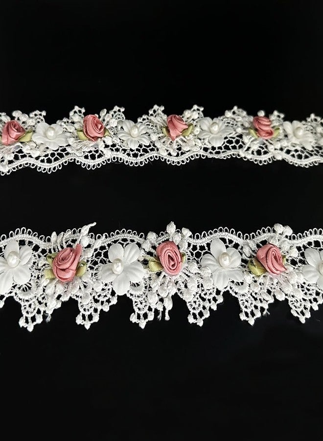 URIMPAVIDO 1 Yard Vintage White Pearl Beads Flowers Lace Trim Ribbon Floral Appliques Embroidered Lace Fabric for Wedding Bridal Dress Clothes Costume Hat Decoration DIY Handmade Sewing Crafts (White, 1 Yard) - Image 2
