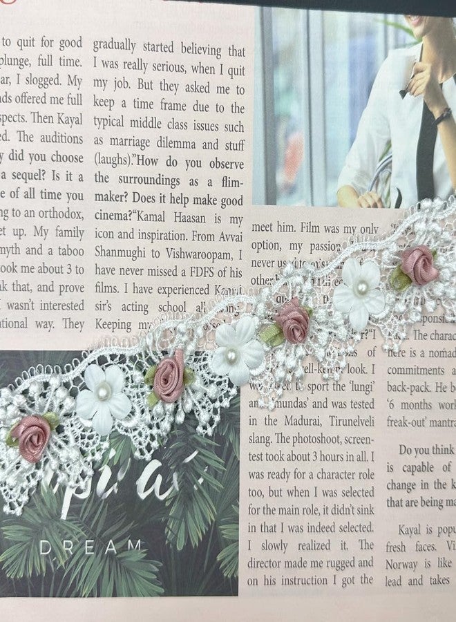 URIMPAVIDO 1 Yard Vintage White Pearl Beads Flowers Lace Trim Ribbon Floral Appliques Embroidered Lace Fabric for Wedding Bridal Dress Clothes Costume Hat Decoration DIY Handmade Sewing Crafts (White, 1 Yard) - Image 3