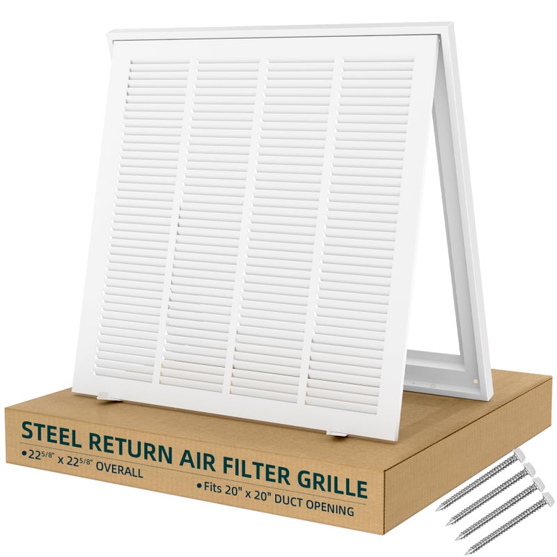 Fancat Return Air Filter Grille for 20x20 Ducts, Steel Vent Cover Grille with Removable Door for 1â€œ Filters | Suitable for Sidewall & Ceiling | White Coating | Outer Dimensions: 22 5/8â€ W x 22 5/8" H - Image 1