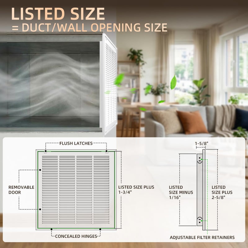 Fancat Return Air Filter Grille for 20x20 Ducts, Steel Vent Cover Grille with Removable Door for 1â€œ Filters | Suitable for Sidewall & Ceiling | White Coating | Outer Dimensions: 22 5/8â€ W x 22 5/8" H - Image 3