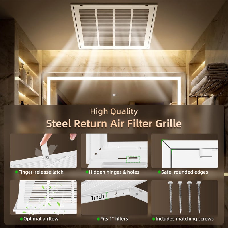Fancat Return Air Filter Grille for 20x20 Ducts, Steel Vent Cover Grille with Removable Door for 1â€œ Filters | Suitable for Sidewall & Ceiling | White Coating | Outer Dimensions: 22 5/8â€ W x 22 5/8" H - Image 4