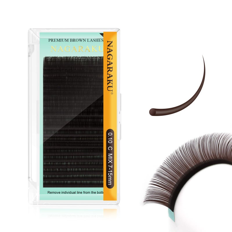 NAGARAKU Eyelash Extensions Dark Brown Color 0.10mm C curl 7-15mm Mix Tray Individual Lashes Classic Faux Mink Volume 20 rows Soft Light - Image 1