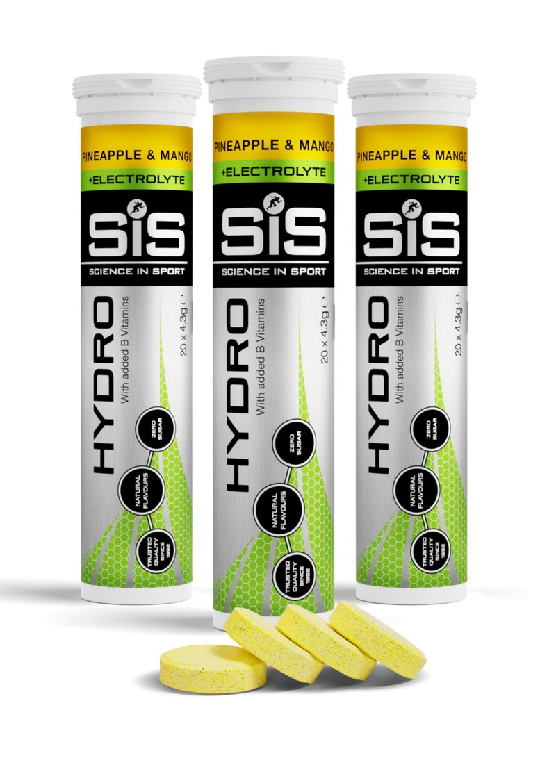 SIS Hydro Electrolyte Tablets | Sugar Free Hydration Tablets | Essential Electrolytes to Reduce Fatigue & Aid Rehydration | Gluten Free | Pineapple & Mango Flavour | 60 Servings | 3 Pack - Image 1
