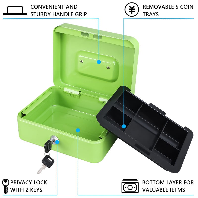 KYODOLED Medium Cash Box with Money Tray,Small Safe Lock Box with Key,Cash Drawer,7.87"x 6.30"x 3.54" Limegreen Medium - Image 2