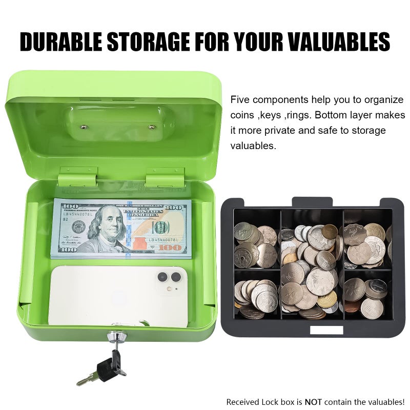 KYODOLED Medium Cash Box with Money Tray,Small Safe Lock Box with Key,Cash Drawer,7.87"x 6.30"x 3.54" Limegreen Medium - Image 4