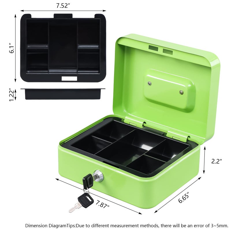 KYODOLED Medium Cash Box with Money Tray,Small Safe Lock Box with Key,Cash Drawer,7.87"x 6.30"x 3.54" Limegreen Medium - Image 5