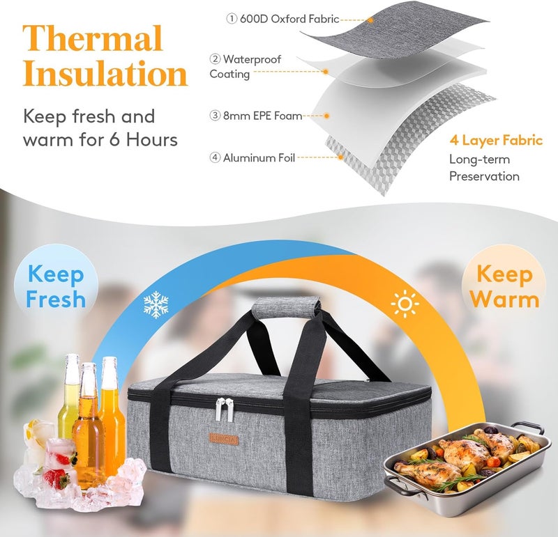 LUNCIA Insulated Casserole Carrier for Hot or Cold Food, Lasagna Lugger Tote for Potluck Parties/Picnic/Cookouts, Fits 9"x13" Baking Dish, Grey - Image 3
