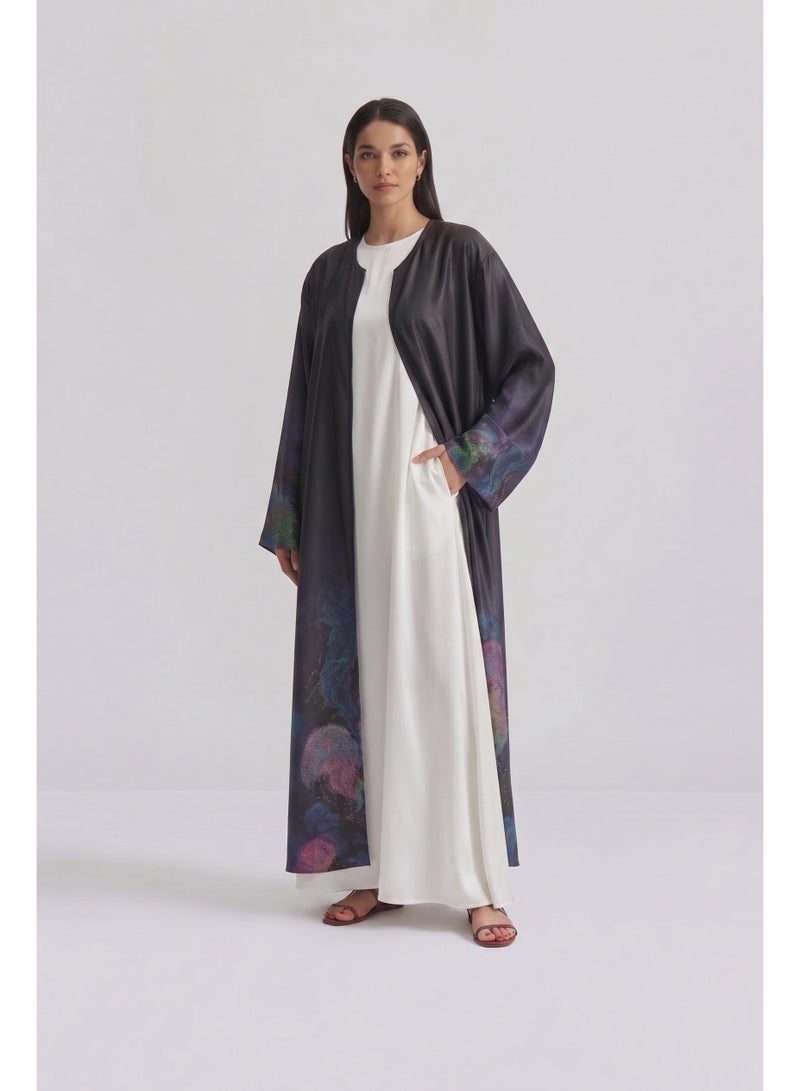 Next Abaya Luxury Galaxy Abstract Border Print Silk Open Abaya Black Multi-Color Kimono - Image 1