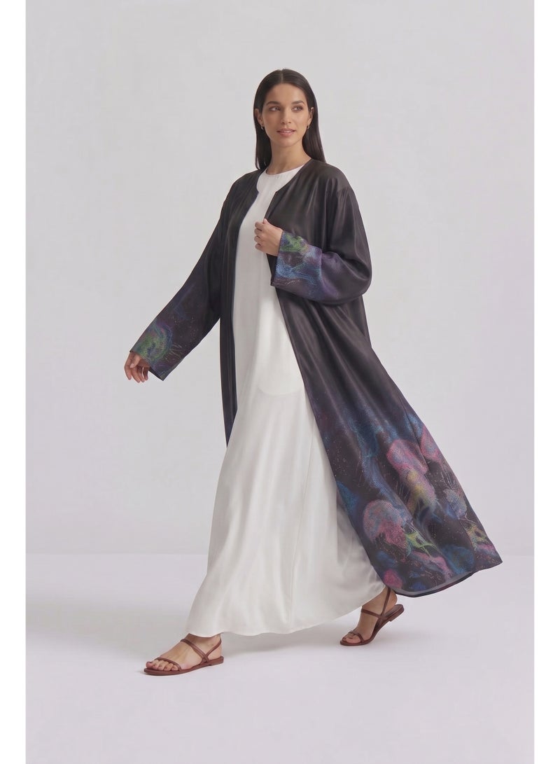 Next Abaya Luxury Galaxy Abstract Border Print Silk Open Abaya Black Multi-Color Kimono - Image 2