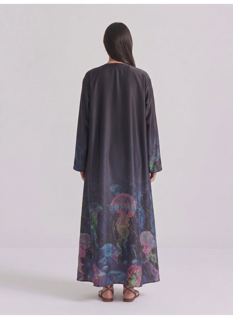 Next Abaya Luxury Galaxy Abstract Border Print Silk Open Abaya Black Multi-Color Kimono - Image 3