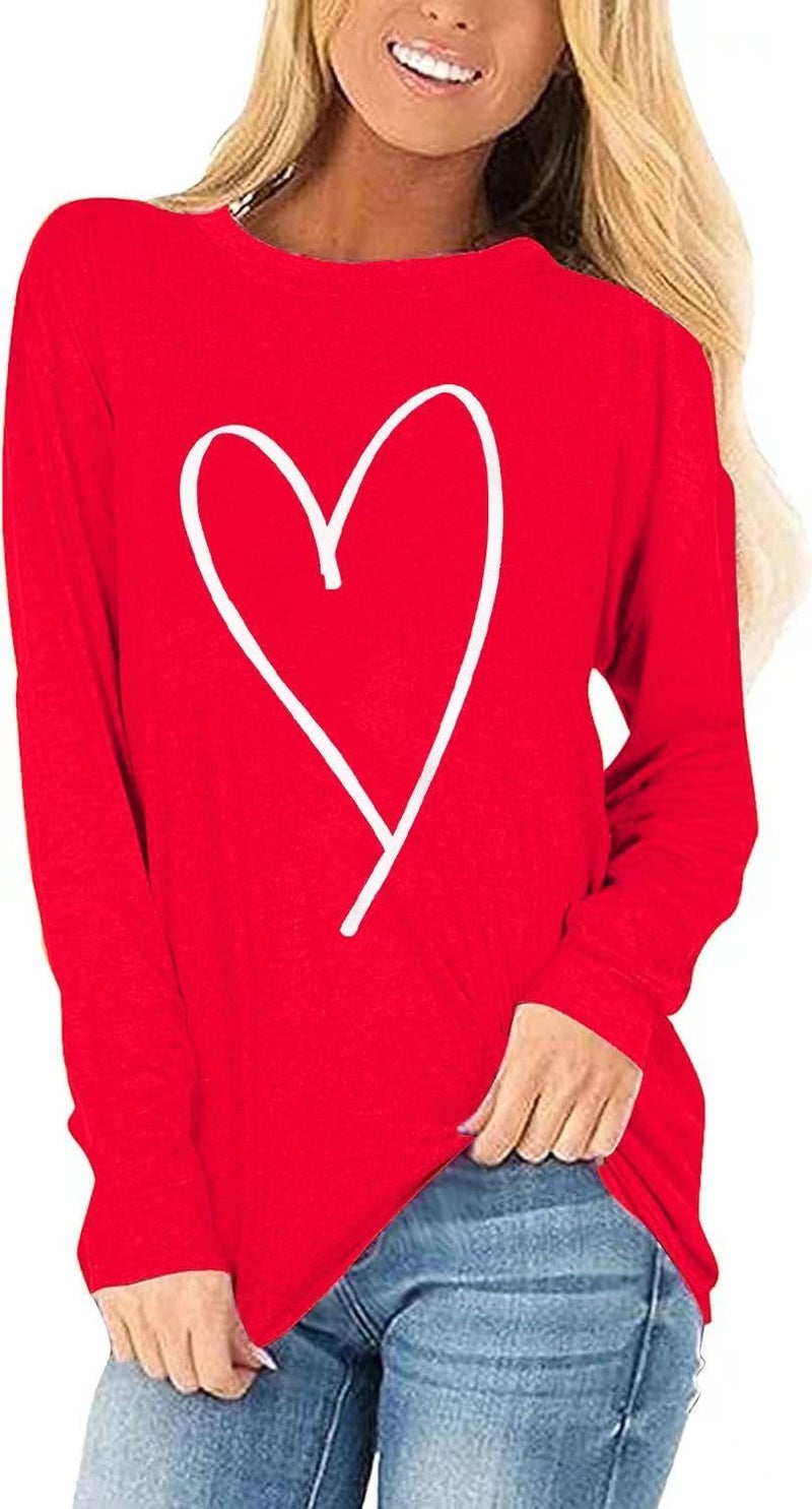 Womens Love Heart T-Shirts Casual Long Sleeve Valentine's Day Graphic Tees Tops(1219-Red-A,XL)