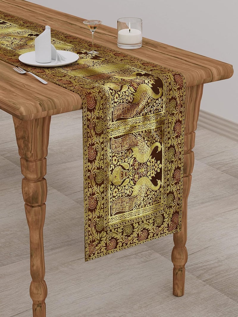 E EZRA Diwali Decor Embellished Jacquard Silk Table Runner for Dinning TableCentre Table Peacock 60 by 16 in Coffee Brown