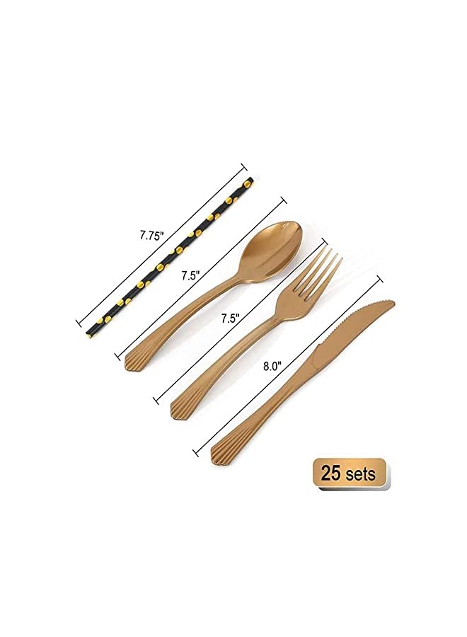 Raxoom 200 Pieces Party Supplies Party Tableware Foil Paper Plates Napkins Cups Straws for Weddings, Anniversary, Birthday-Service 25 Guests(Black-Gold). (B) - Image 4