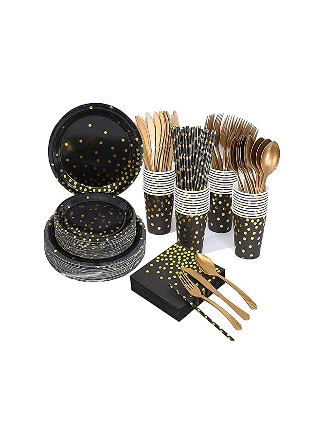 Raxoom 200 Pieces Party Supplies Party Tableware Foil Paper Plates Napkins Cups Straws for Weddings, Anniversary, Birthday-Service 25 Guests(Black-Gold). (B) - Image 2