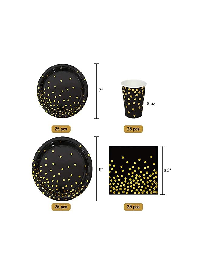Raxoom 200 Pieces Party Supplies Party Tableware Foil Paper Plates Napkins Cups Straws for Weddings, Anniversary, Birthday-Service 25 Guests(Black-Gold). (B) - Image 3