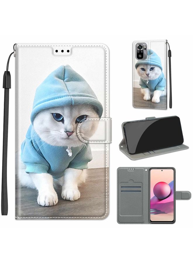HuHa Case Cover For Xiaomi Redmi Note 10 4G/Note 10S Voltage Coloured Drawing Magnetic Clasp Horizontal Flip PU Leather Case with Holder & Card Slots C15 Blue Sweater White Cat