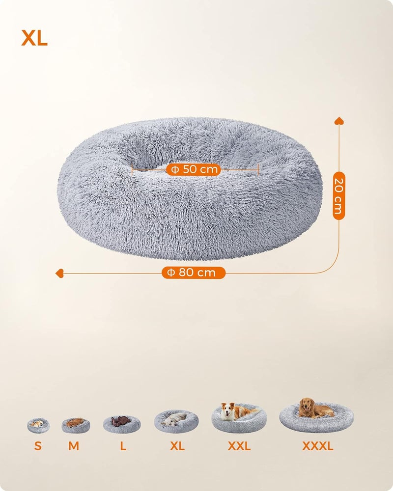 FEANDREA Dog Bed, Donut Cat Bed, Fluffy Calming Pet Bed with Removable, Washable Cover, Soft Long Plush, 80 cm, Grey PGW040G01 - Image 5