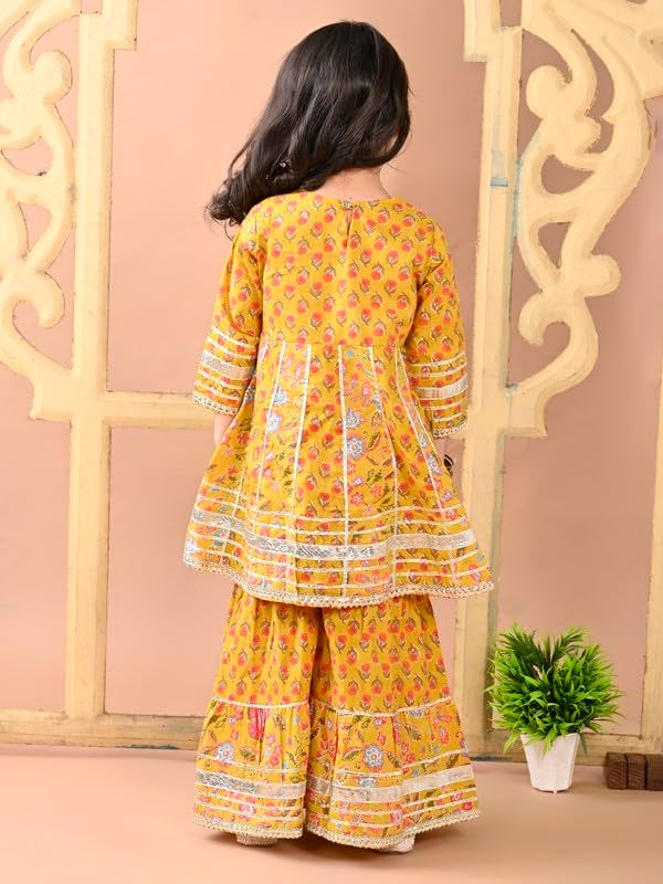 superminis Girls Cotton Floral Printed Gotta Work 3/4 Sleeves Flared Design Kurti & Sharara Set (4-5 Years, Mustard) - Image 3