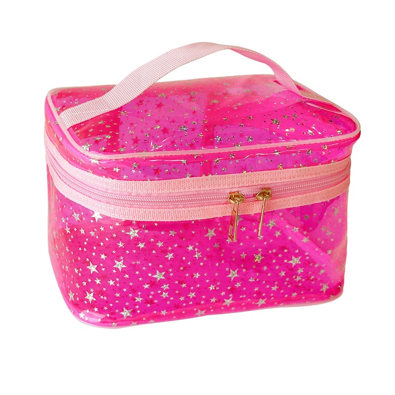 TotePrint Star Print Pink PVC Makeup Bag with Handle - 8.66 * 5.51 * 5.51 inch,Clear Storage Bag Toiletry Pocket Portable Zippered Pouch Waterproof Cosmetic Organizer Bags for Women (Pink-L) - Image 1