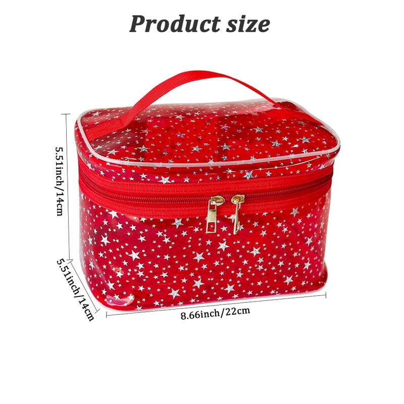 TotePrint Star Print Pink PVC Makeup Bag with Handle - 8.66 * 5.51 * 5.51 inch,Clear Storage Bag Toiletry Pocket Portable Zippered Pouch Waterproof Cosmetic Organizer Bags for Women (Pink-L) - Image 2