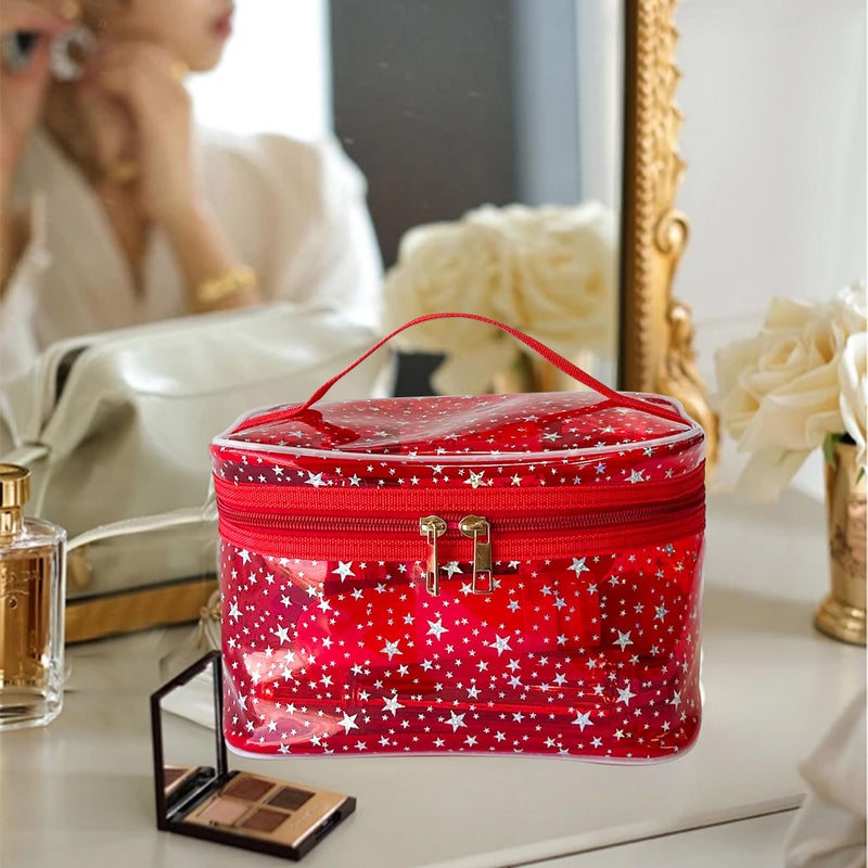 TotePrint Star Print Pink PVC Makeup Bag with Handle - 8.66 * 5.51 * 5.51 inch,Clear Storage Bag Toiletry Pocket Portable Zippered Pouch Waterproof Cosmetic Organizer Bags for Women (Pink-L) - Image 4