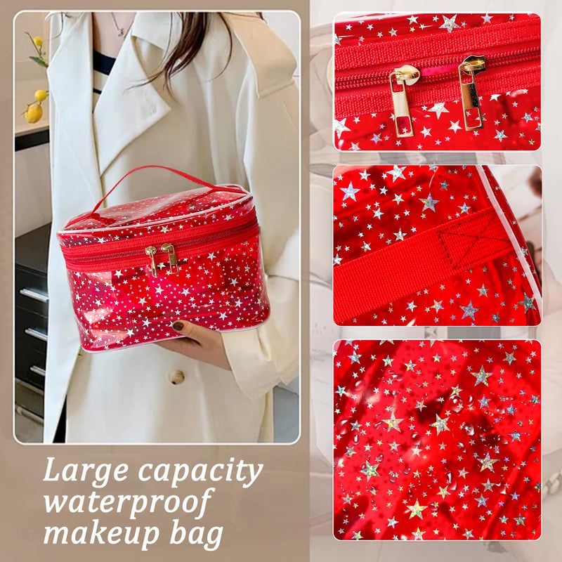 TotePrint Star Print Pink PVC Makeup Bag with Handle - 8.66 * 5.51 * 5.51 inch,Clear Storage Bag Toiletry Pocket Portable Zippered Pouch Waterproof Cosmetic Organizer Bags for Women (Pink-L) - Image 3