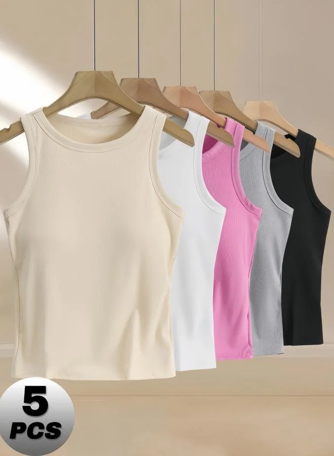 تايك تو مجموعة من 5 بلوزة تانك سادة مبطنة
