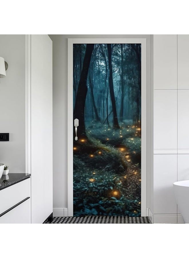REDAMANCY Mystic Forest Tree Mushroom Firebee Peel and Stick Door Stickers Vinyl 3D Door Mural Decals Decor Wallpaper Self-Adhesive, Waterproof, Removable - Image 1