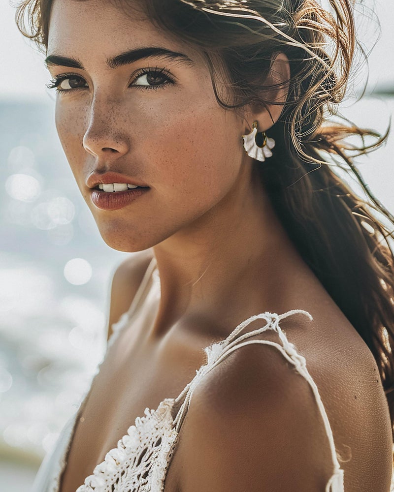 SNGIA 18K gold plated White Cream Enamel Flower Stud Statement Earrings for Women by SNGIA, Dainty Bold Retro Handmade Trendy Natural Sea Summer Boho Seashell Beach Fan Shape Summer Vacation Huggie Bohemian Jewelry Gifts Accessories - Image 3