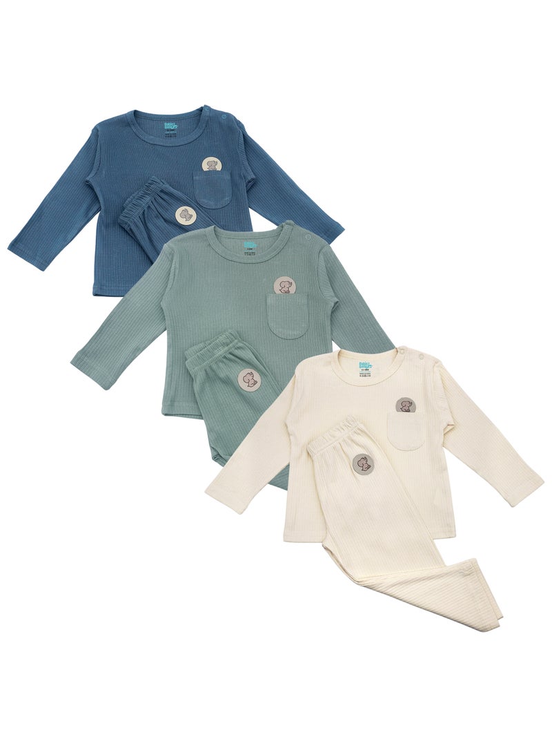 Babies Basic Ribbed Cotton Long Sleeves Top and Bottom, Set of 3 - Image 1