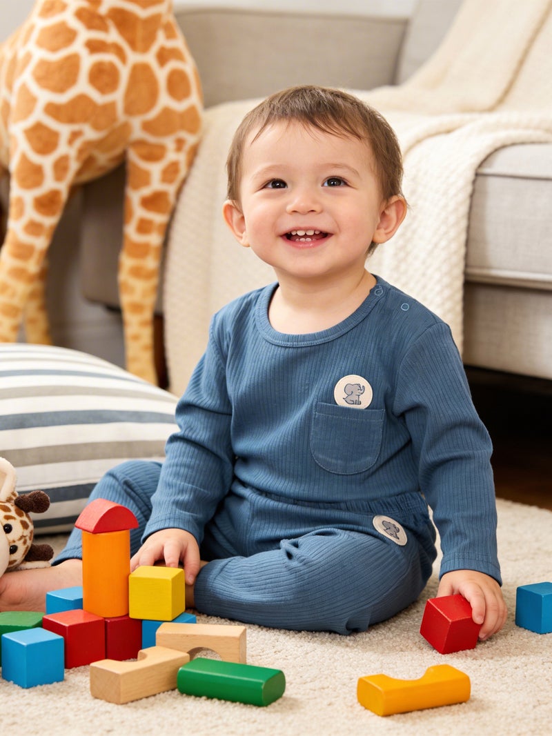 Babies Basic Ribbed Cotton Long Sleeves Top and Bottom, Set of 3 - Image 2