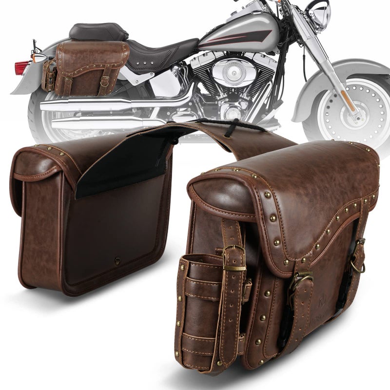 NICECNC Motorcycle Saddle Bags PU leather Motorcycle Saddlebags Reinforced Straps  Saddle Piece with Cup Holder Throw Over Saddle Bags Side Bags Brown