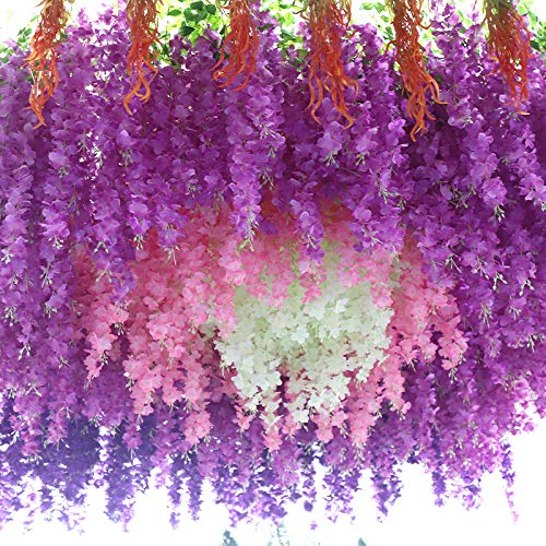 WEISPARK Fake Hanging Flowers - 12 Pieces 3.75 Feet/Piece Artificial Wisteria Vine Ratta Hanging Garland Silk Flowers for Home Party Wedding Decor (Light Purple) - Image 4