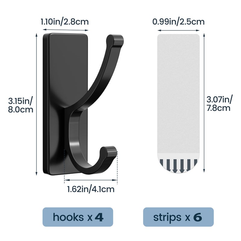 pickpiff Adhesive Wall Hooks with Strip - No Residue, Easy to Remove, Strong Heavy Duty Sticky Towel Hook, 4 Pack Black - Image 4