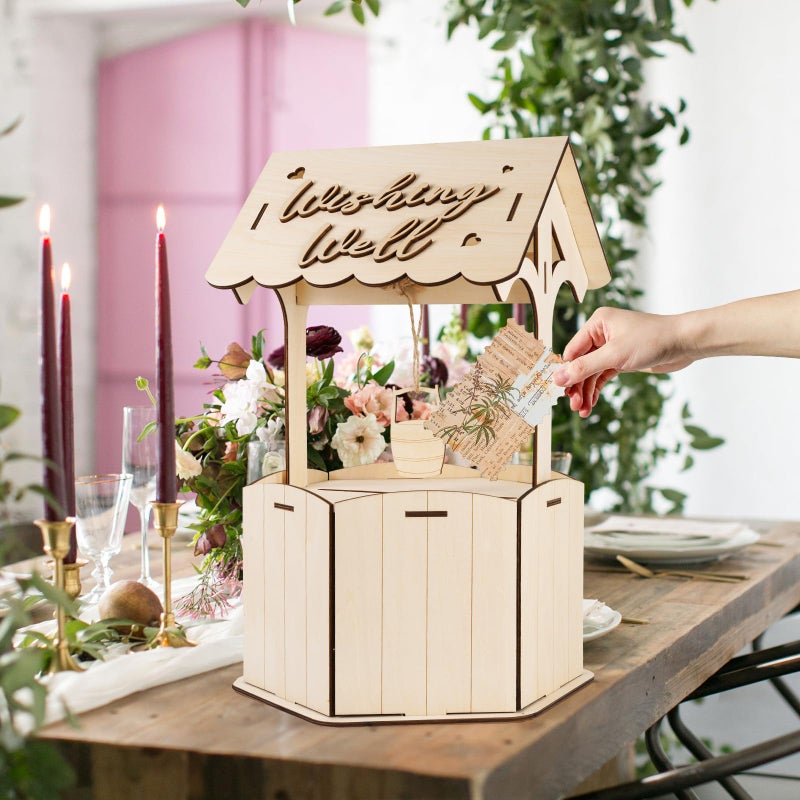 OurWarm Wishing Well Wedding Card Box for Reception with Slot, Wooden Gift Card Boxes for Wedding, Rustic Money Envelope Holder Card Box for Party Birthday Bridal Baby Showers Wedding Decorations - Image 5
