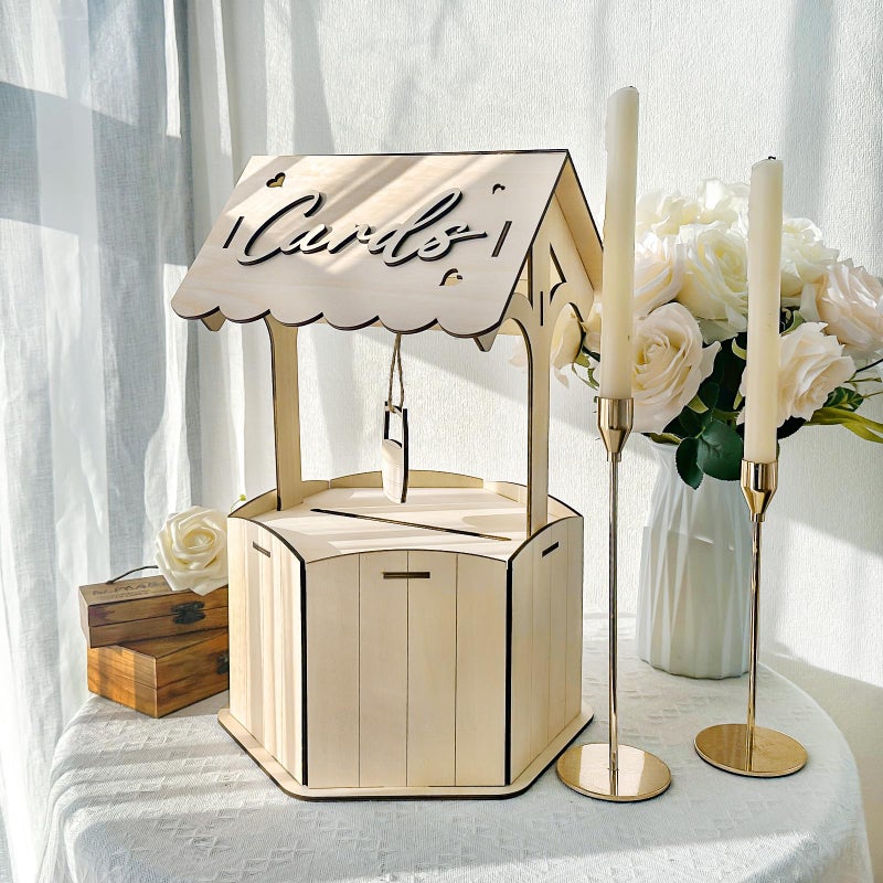 OurWarm Wishing Well Wedding Card Box for Reception with Slot, Wooden Gift Card Boxes for Wedding, Rustic Money Envelope Holder Card Box for Party Birthday Bridal Baby Showers Wedding Decorations - Image 1