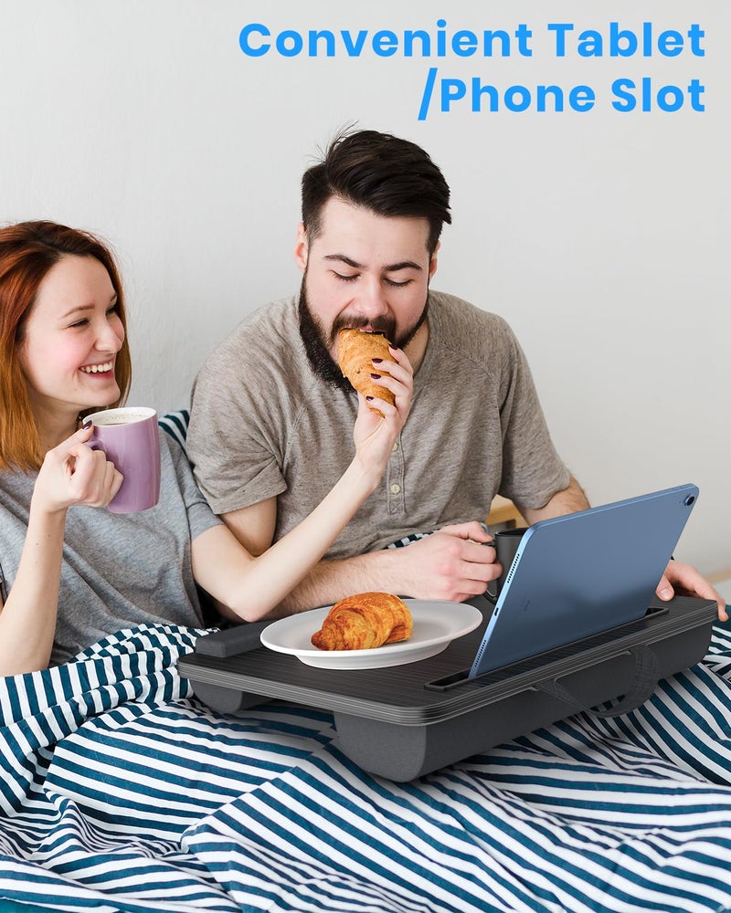 HETTHI Portable Lap Desk, Laptop Stand for Bed with Soft Wrist Rest, Tablet/Phone Slot, Fabric Handle, Laptop Bed Desk with Cushion (Black) - Image 5