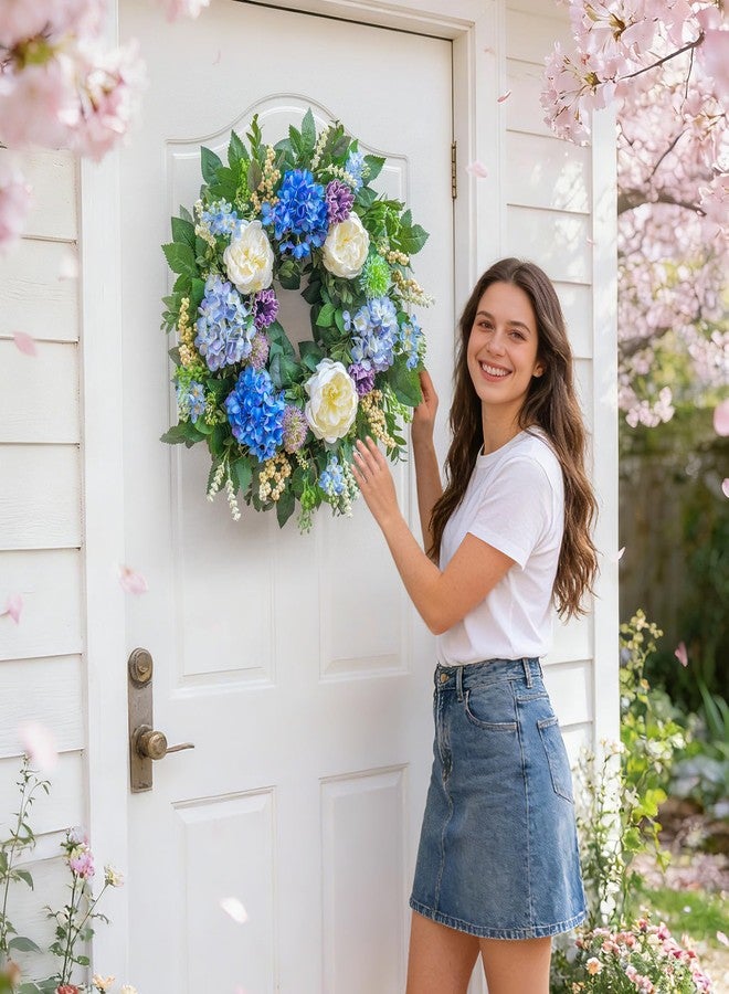 Pinkpuii Artificial Spring Wreaths for Front Door 24 Inch - Vibrant, Lifelike Summer Door Wreath Indoor Outdoor Green Eucalyptus Wreath - Blue Hydrangea White Peony Floral Valentine’s Day Wreath Decor - Image 2