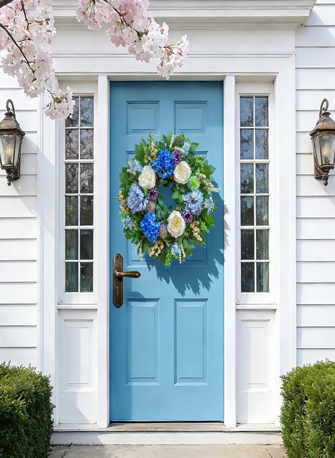 Pinkpuii Artificial Spring Wreaths for Front Door 24 Inch - Vibrant, Lifelike Summer Door Wreath Indoor Outdoor Green Eucalyptus Wreath - Blue Hydrangea White Peony Floral Valentine’s Day Wreath Decor - Image 5