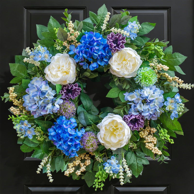Pinkpuii Artificial Spring Wreaths for Front Door 24 Inch - Vibrant, Lifelike Summer Door Wreath Indoor Outdoor Green Eucalyptus Wreath - Blue Hydrangea White Peony Floral Valentine’s Day Wreath Decor - Image 1