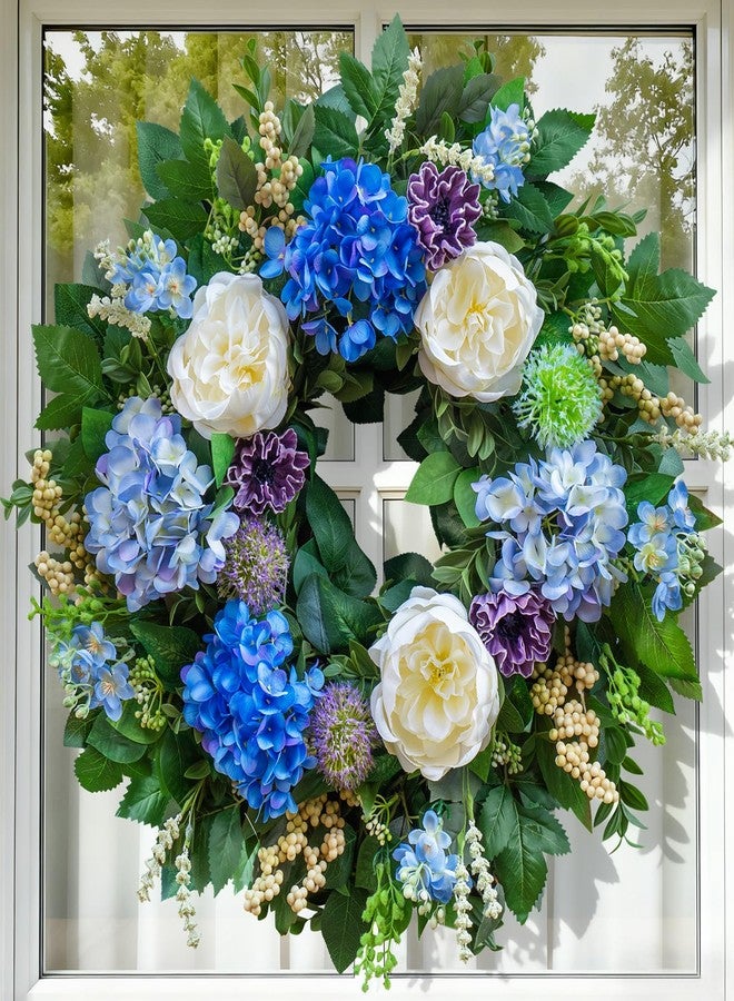Pinkpuii Artificial Spring Wreaths for Front Door 24 Inch - Vibrant, Lifelike Summer Door Wreath Indoor Outdoor Green Eucalyptus Wreath - Blue Hydrangea White Peony Floral Valentine’s Day Wreath Decor - Image 4
