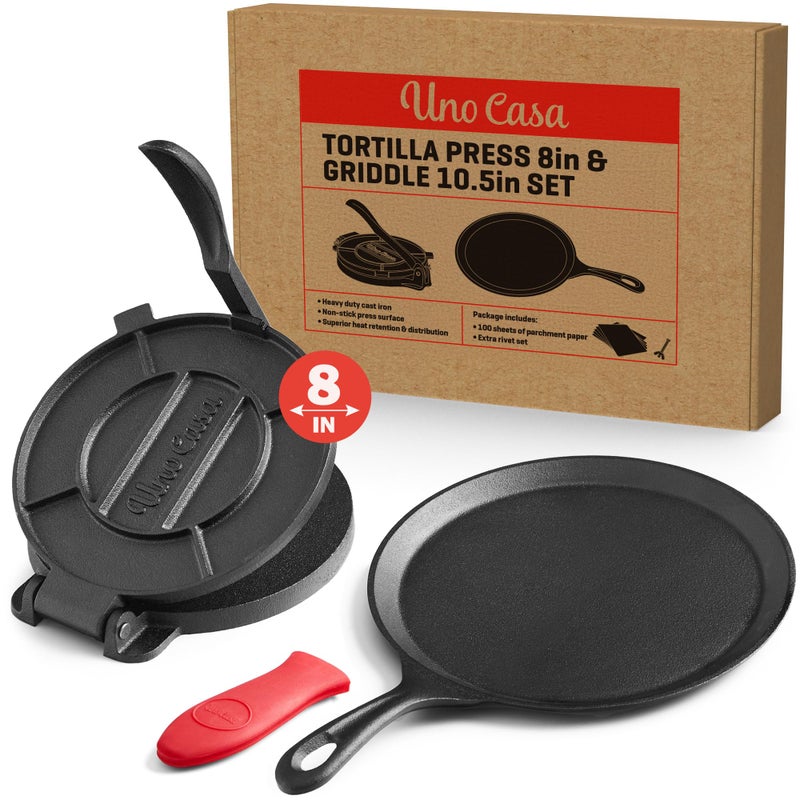 Uno Casa Cast Iron Tortilla Press 8 Inch Bundle of Skillet for Roti Comal Pan Tawa Dosa Pan Pataconera Comales para Tortillas