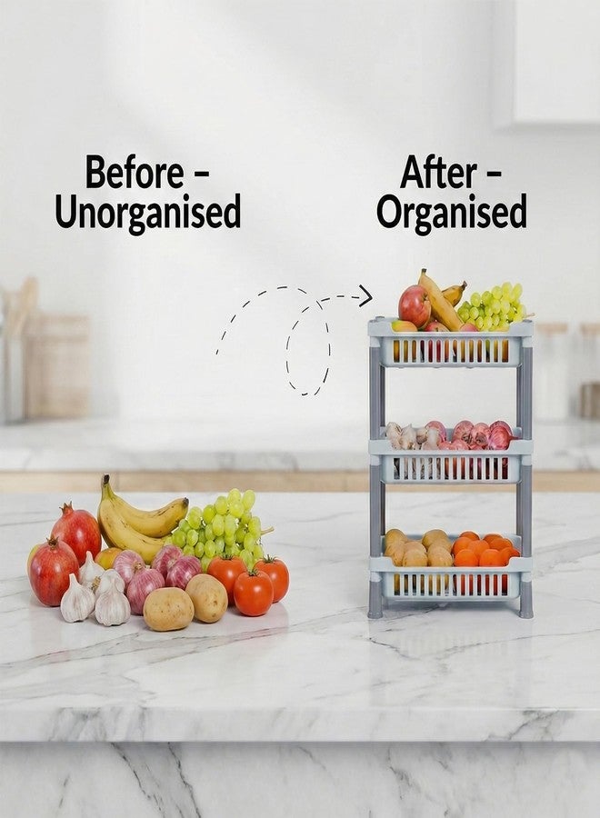 istore Multipurpose 3 Tier Kitchen Rack Stand for Storage Vegetable Fruit Organizer Durable Kitchen Shelf Rack Space Saving Storage Stand for Kitchen Counter Home Organizer (Multicolor) - Image 3