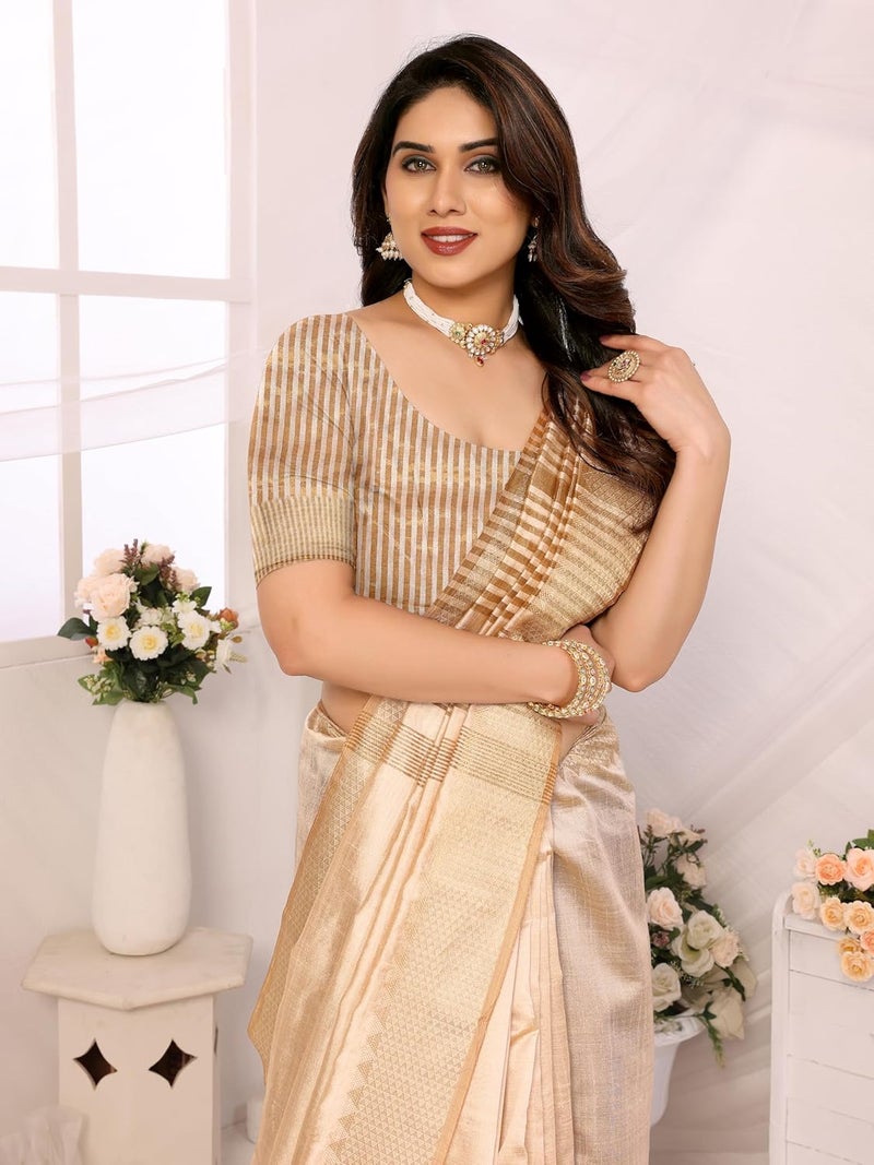 Sidhidata Women's Assam Silk Saree with Unstitched Blouse Piece - Elegant Butter Color - Image 3