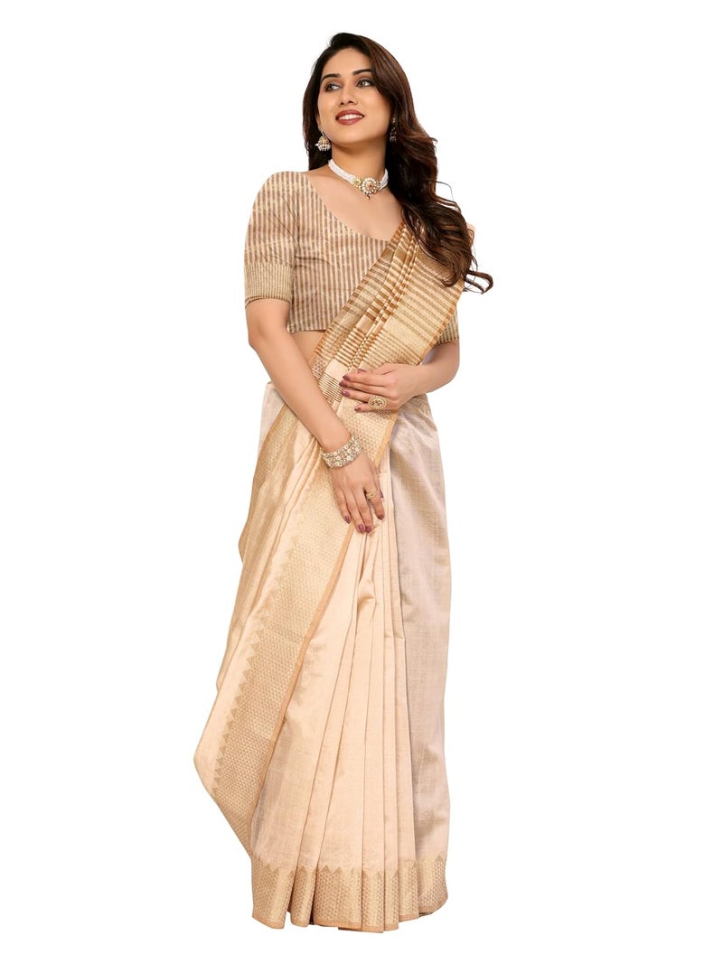 Sidhidata Women's Assam Silk Saree with Unstitched Blouse Piece - Elegant Butter Color - Image 1