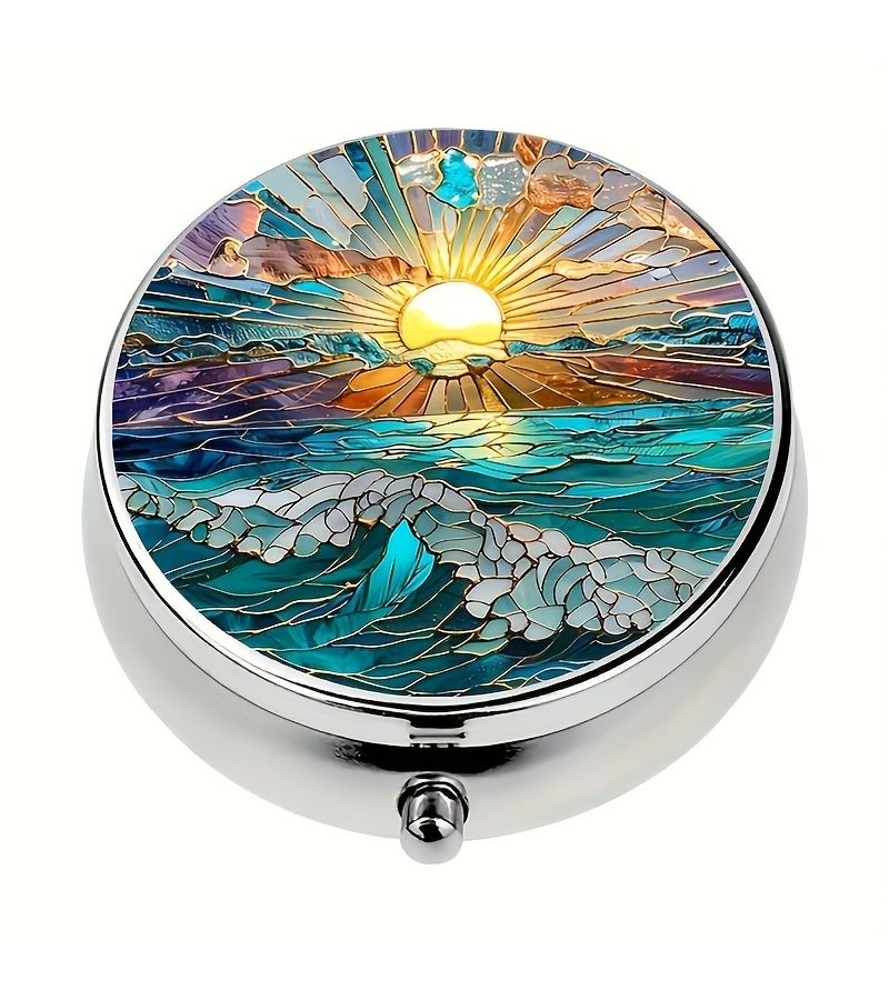 Colorful Stained Glass 1pc 3 Grid Metal Medicine Box Portable Travel Vitamin Organizer Unique Gift - Image 1