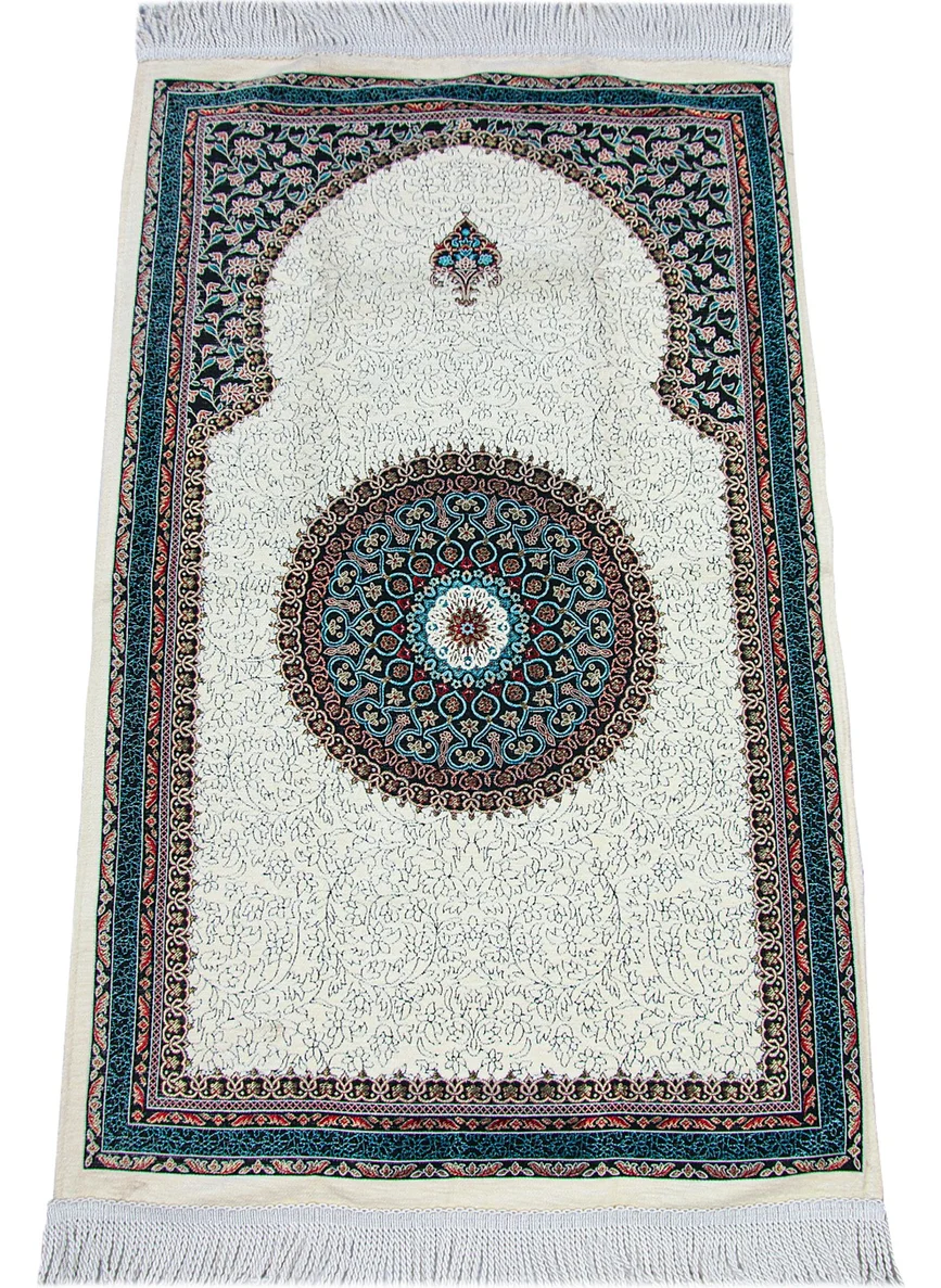 İhvan Online White Traditional Motif Knitted Fringed Mihrab Lined Chenille Prayer Rug