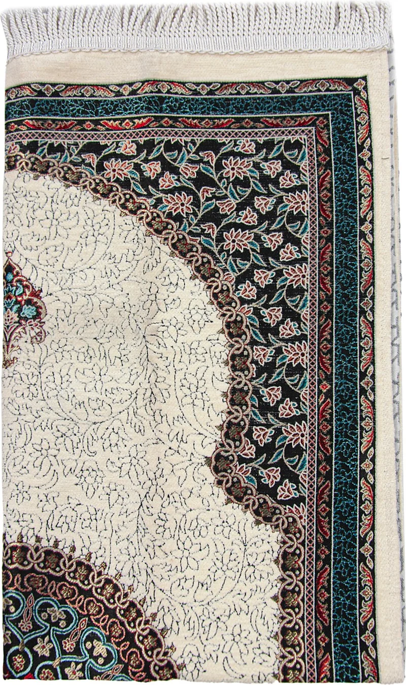 ايهفان اونلاين White Traditional Motif Knitted Fringed Mihrab Lined Chenille Prayer Rug